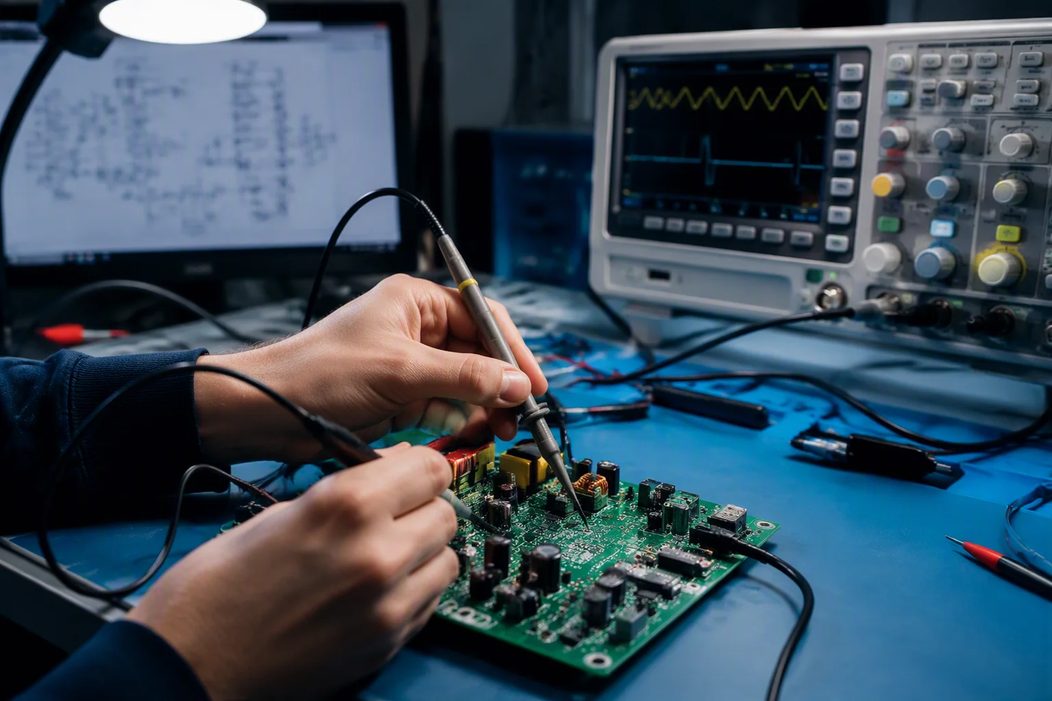 Engineer reviewing a CRPS power supply design alongside test instrumentation