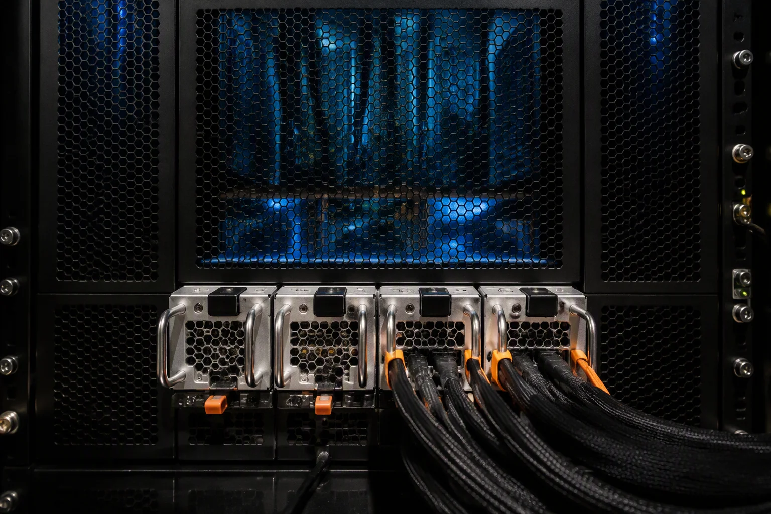 Dense GPU server rack with high-power cabling and busbar distribution in a modern AI data center