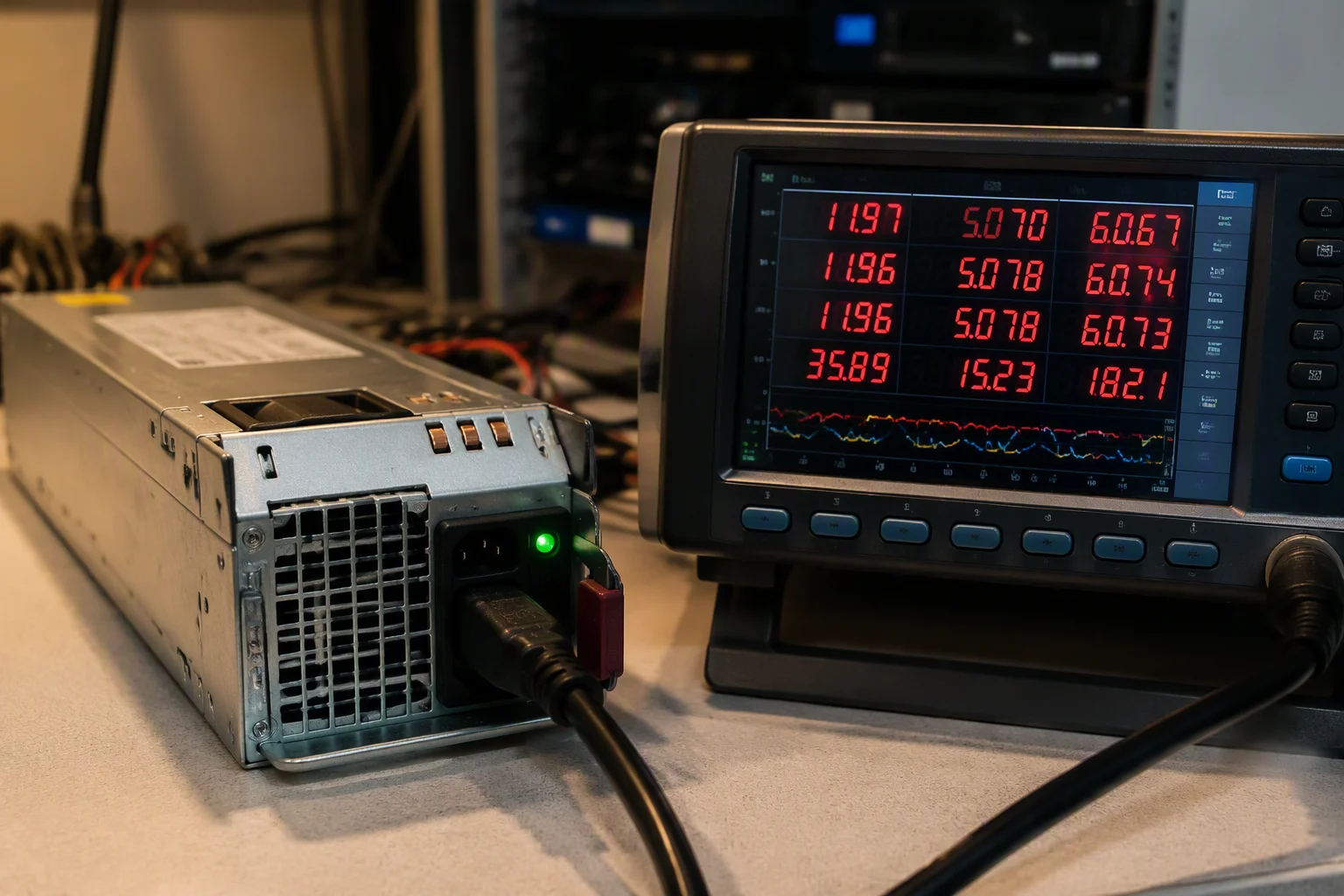 Titanium-finish CRPS power supply module on an engineer's bench beside efficiency measurement notes