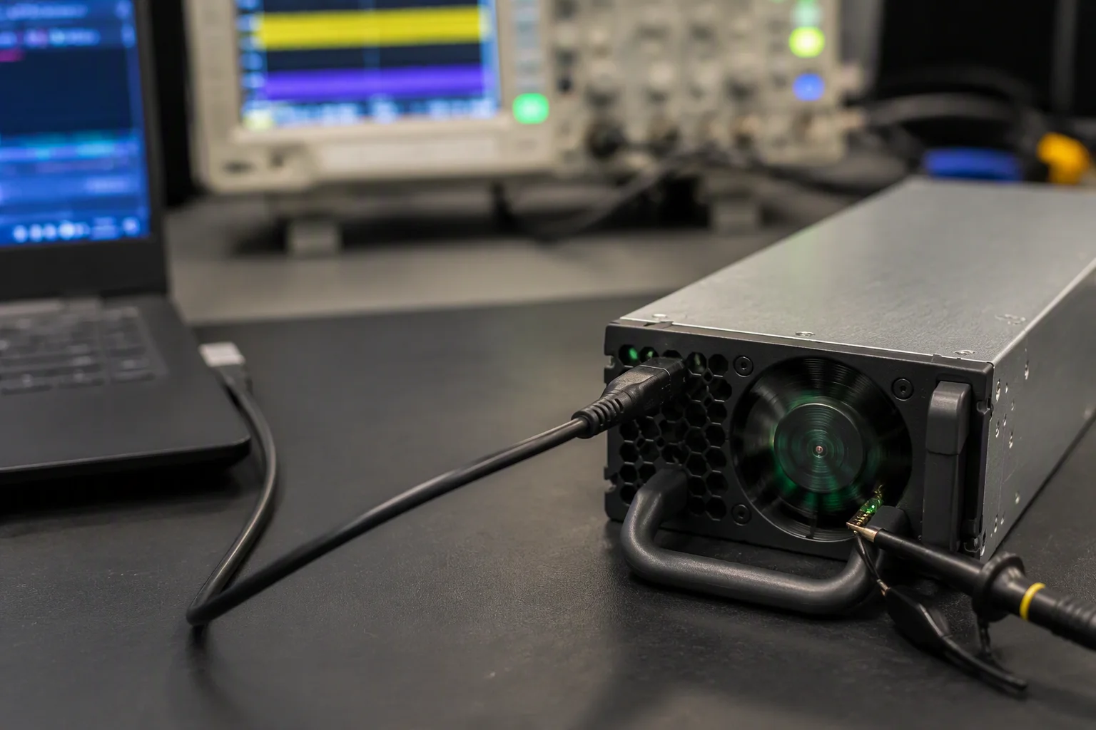 CRPS unit on a bench linked to a laptop through a PMBus management cable