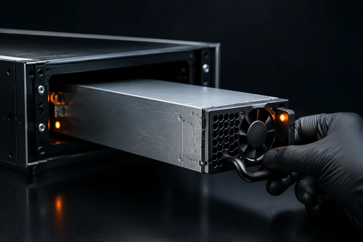 Gloved hand hot-swapping a CRPS 1300W unit from its cage