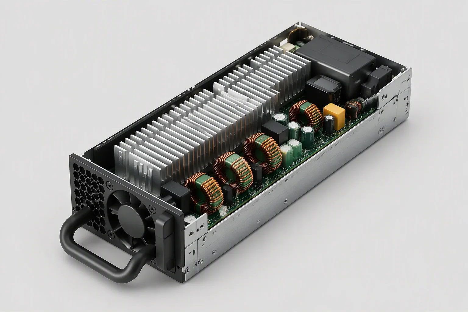 Internal heatsink fins and magnetics of a 2000W CRPS unit