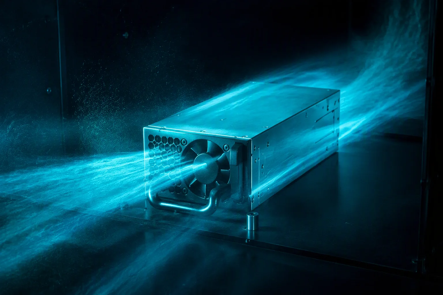 Airflow visualization through a 2400W CRPS unit in a test chamber