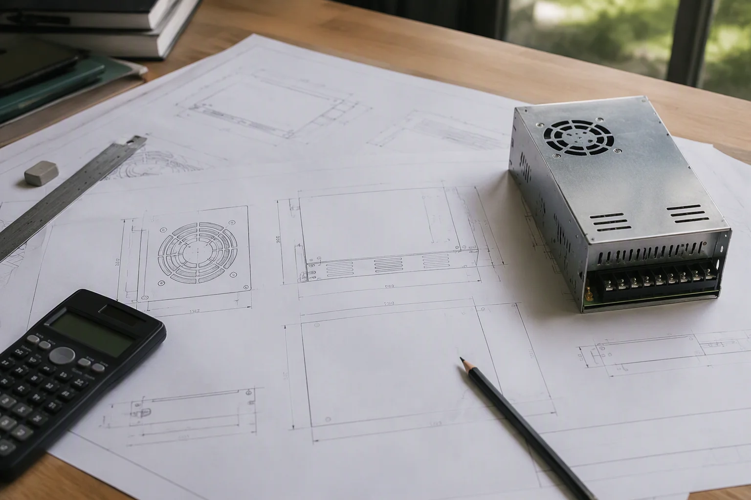 Engineer working through a CRPS power supply design guide with datasheets and schematics