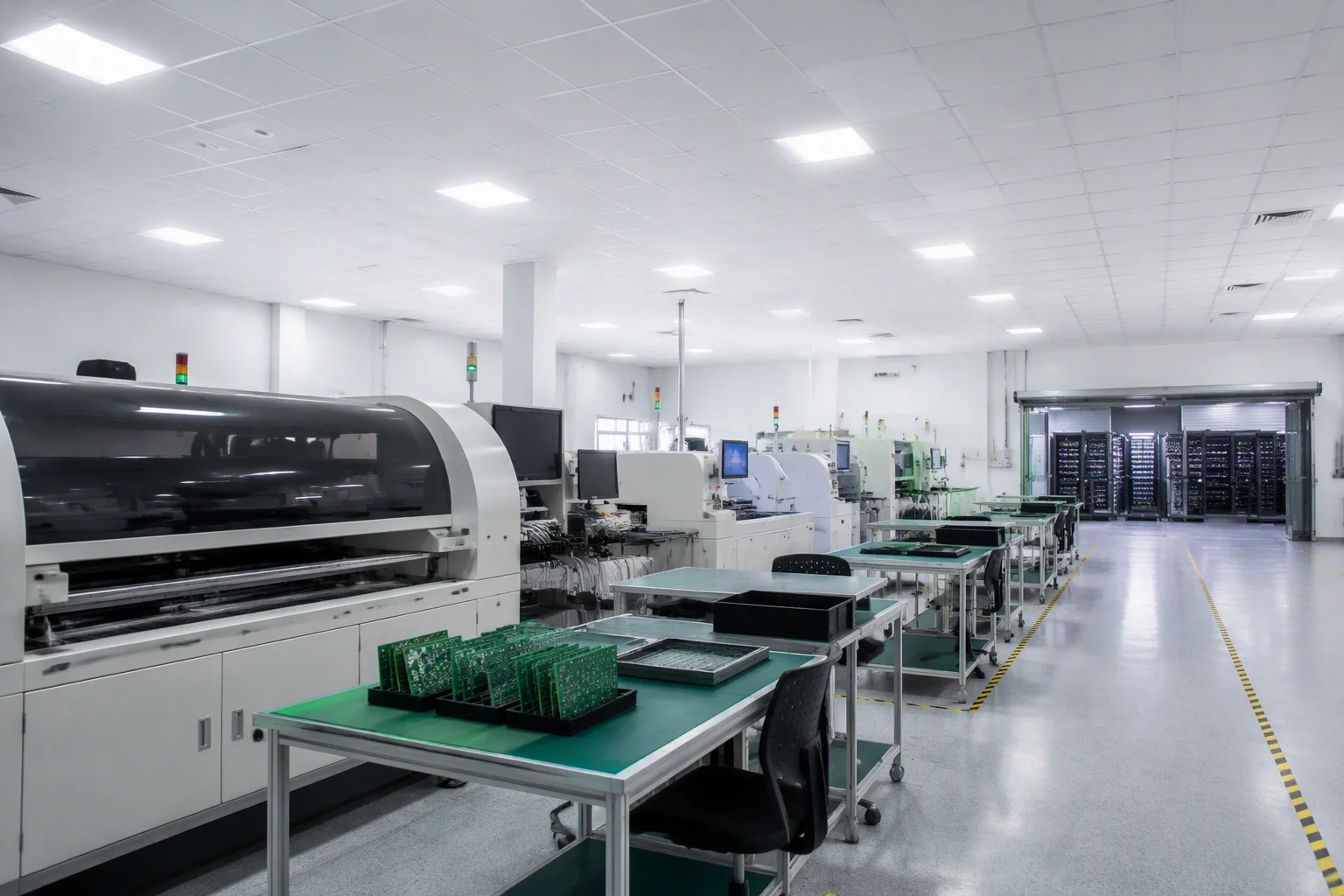 SMT production line leading to test and burn-in areas