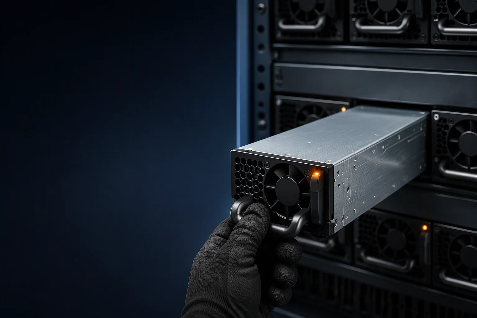 Row of titanium-class CRPS power supply modules installed in a data center rack