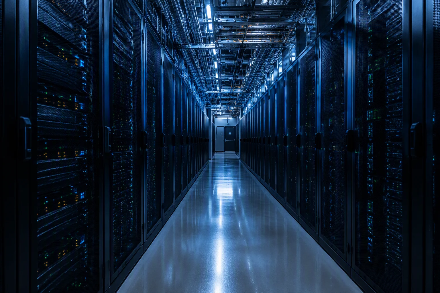 AI compute rack aisle with glowing status LEDs