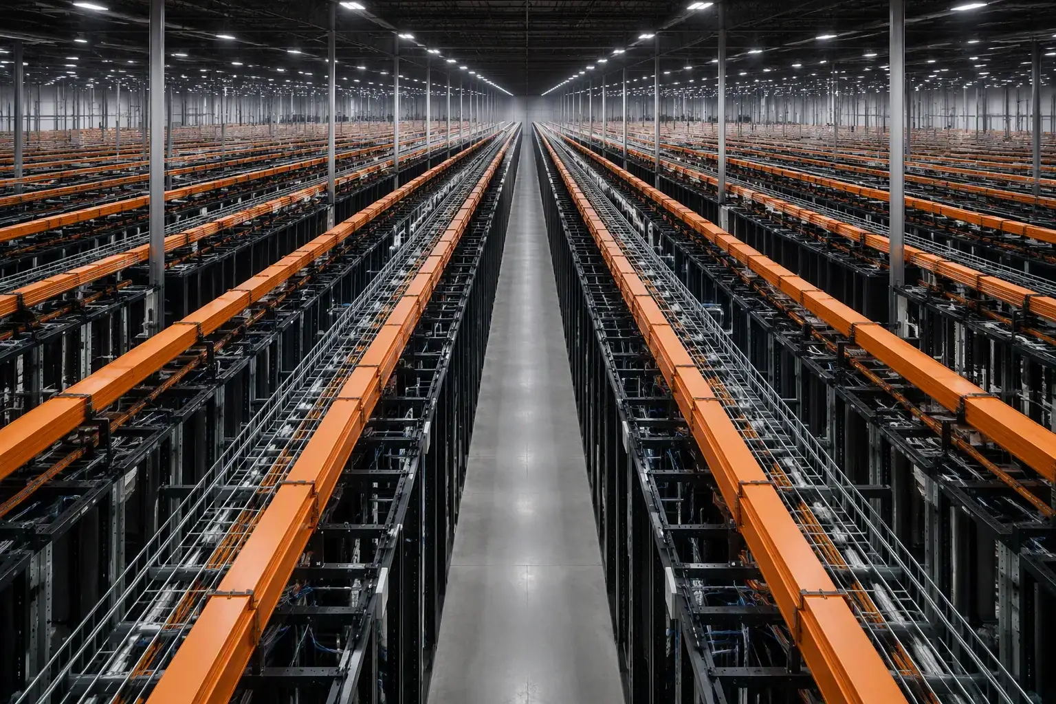 Hyperscale data center hall with open rack frames