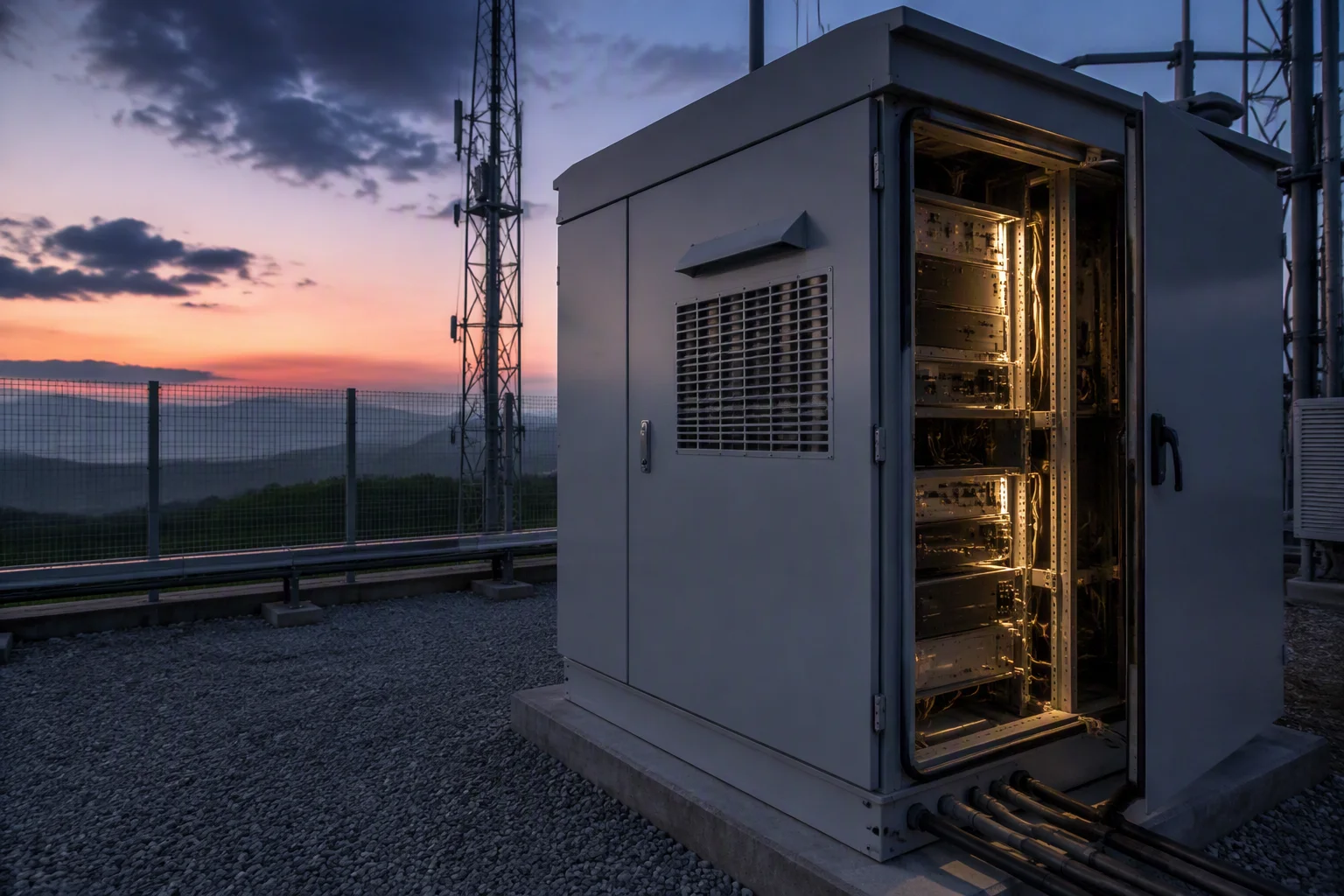 Edge computing cabinet at dusk