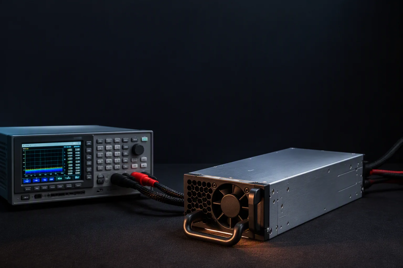 Titanium CRPS unit under efficiency test with load cables on a bench