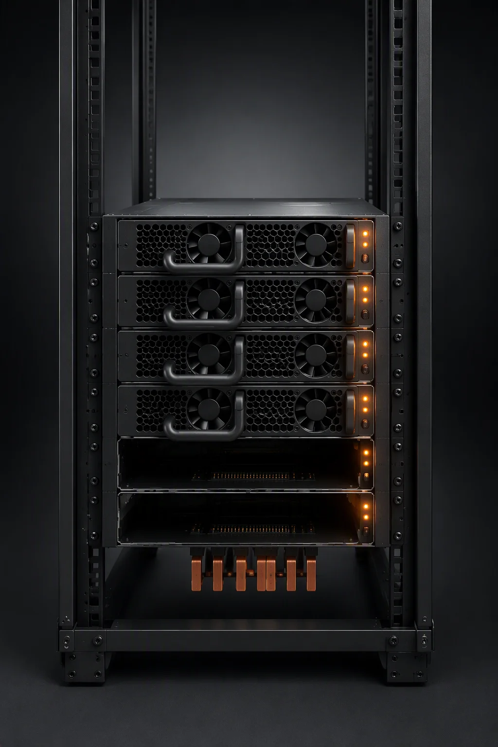 Power shelf chassis with six PSU slots and copper busbar fingers