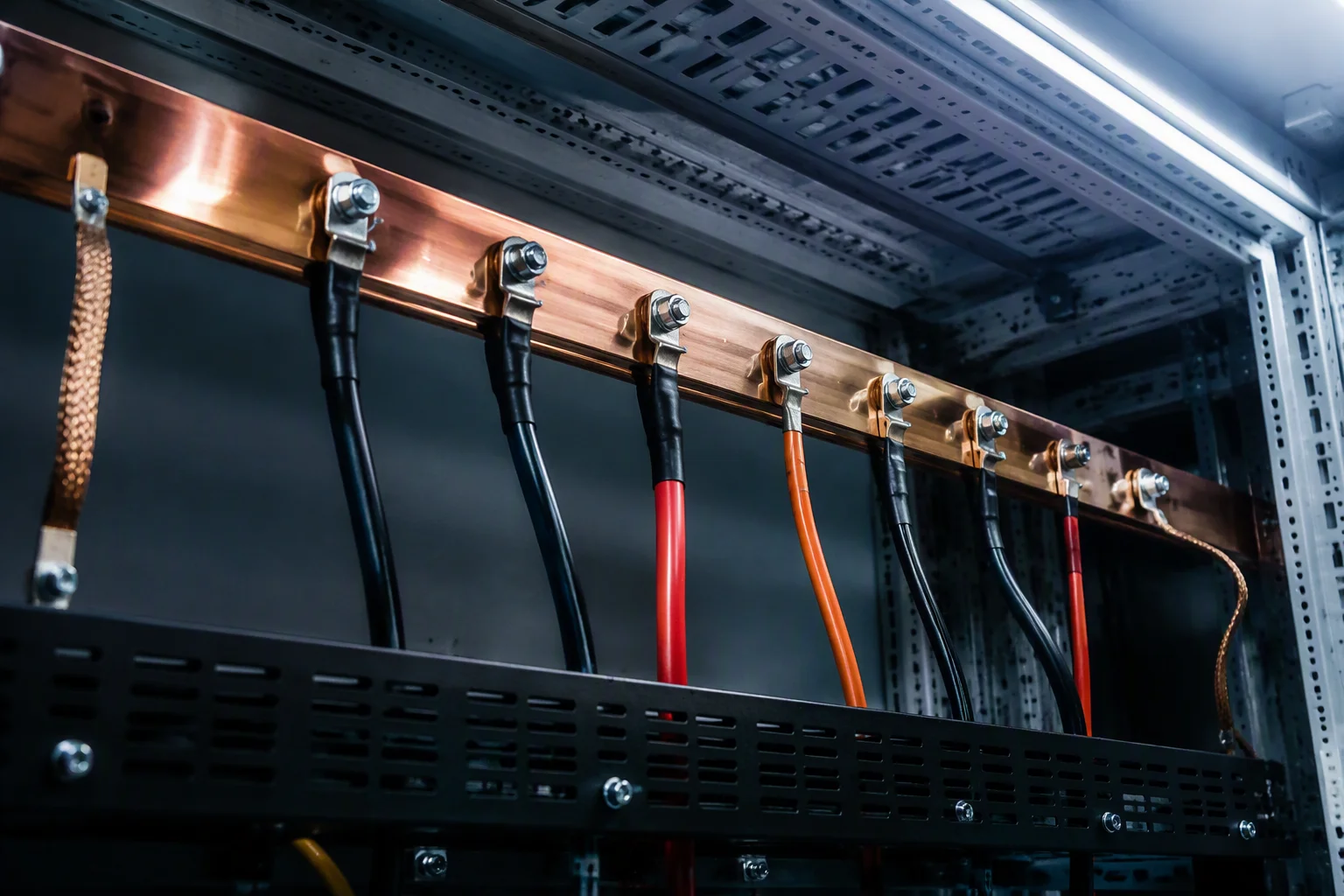 Open rack showing a power shelf chassis with six hot-plug PSU slots above compute nodes